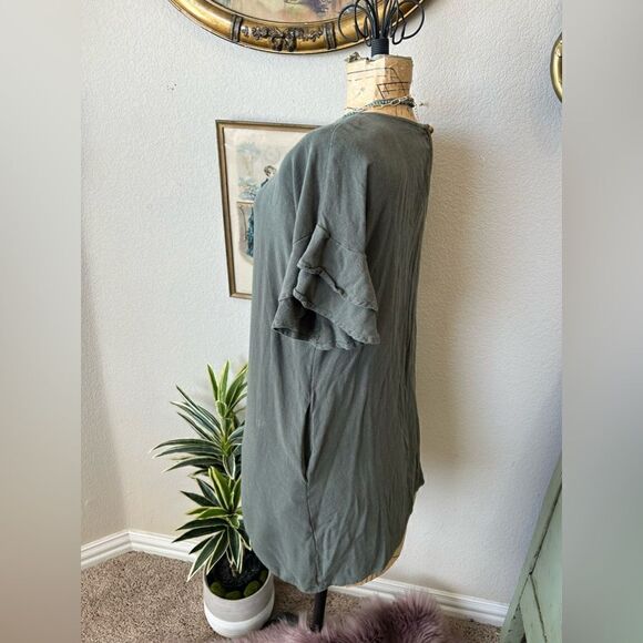 ee: some 100% Linen Olive Green Ruffle Flounce Sleeve Blouse Sz S - Picture 12 of 12